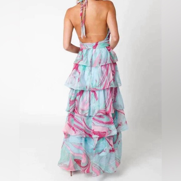 NWT OLIVACEOUS Candy Swirl Pink & Green Tiered Maxi Dress Halter Neck Sz Large - Picture 9 of 10
